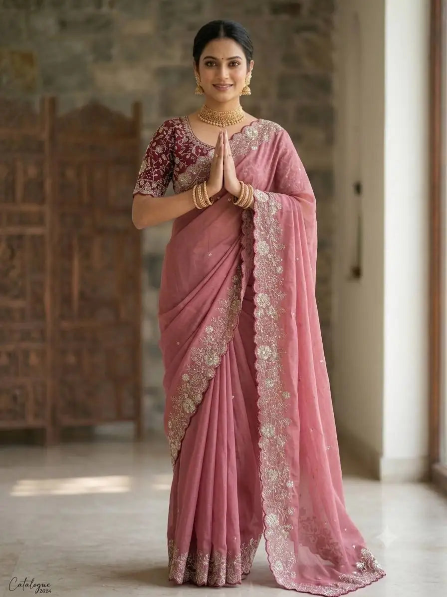 Traditional Heavy Star Georgette Silk Saree with Rich Embroidery and Zari Work Reversible Sun Protection Wedding Occasion MegaBDM