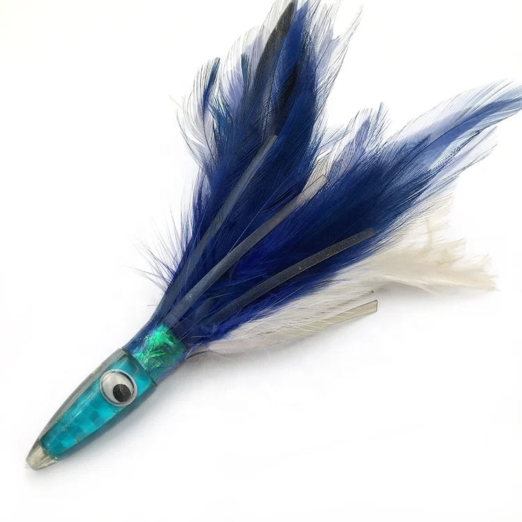 Hot Sale 6inch Bullet Resin Head with Feather and Ostopus Skirt Tuna Feather Trolling Fishing Lure Saltwater Sea Fishing Lure
