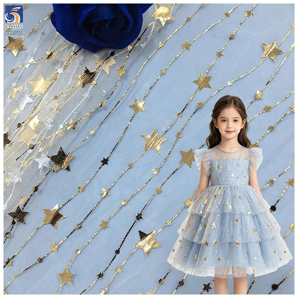 YX1571 100% Polyester Celestial Star Pattern Mesh Fabric Metallic Printed Tulle for Dresses Crafts and Party Decor MegaBDM