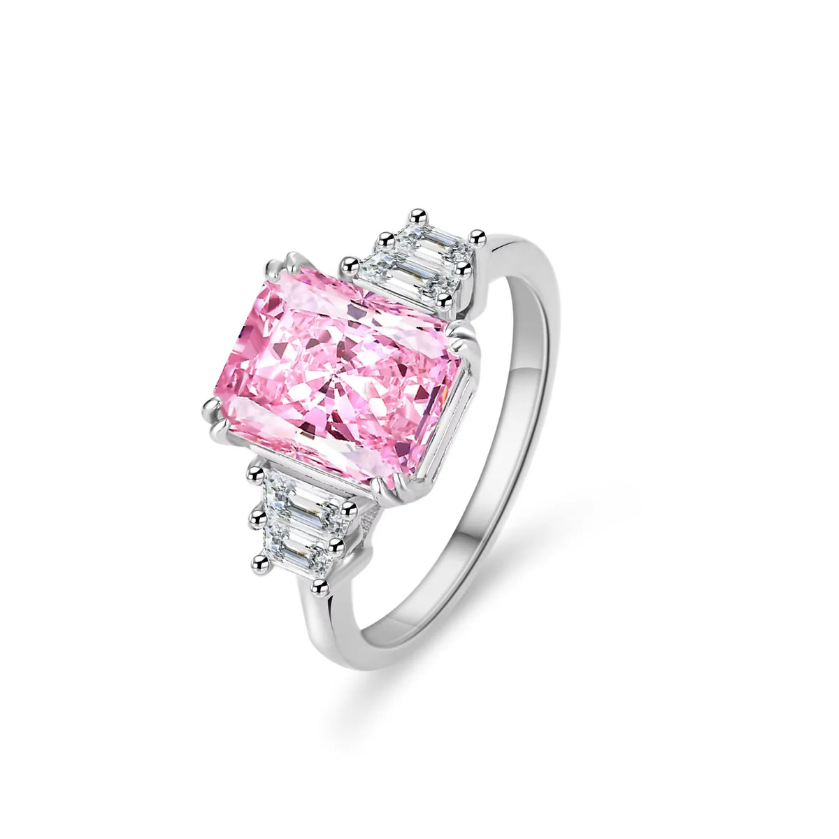 Fine Jewelry Classic S925 Sterling Silver Rhodium Plated Radiant Cut Pink Cubic Zirconia Women Bridal Wedding Party Ring Gift MegaBDM