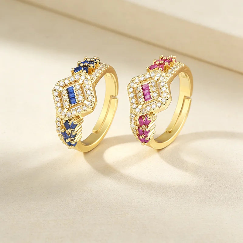 QIKU Luxury Rainbow Geometric Rhinestone Adjustable Rings Gold Plated Charm Punk Jewelry Gifts for Women Wholesale Customized