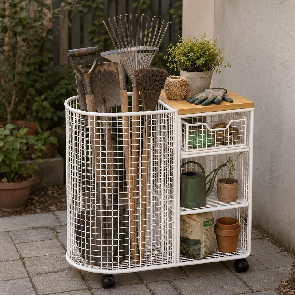 Heavy Duty Garden Tool Organizer Cart Metal Wire Storage Rack Multi-Compartment Gardening Tools Holder for Outdoor Use
