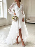 Autumn Casual Retro Style Solid Slimming White Dress Long Sleeved V-neck Skirt Maxi Length Natural Waistline Breathable MegaBDM