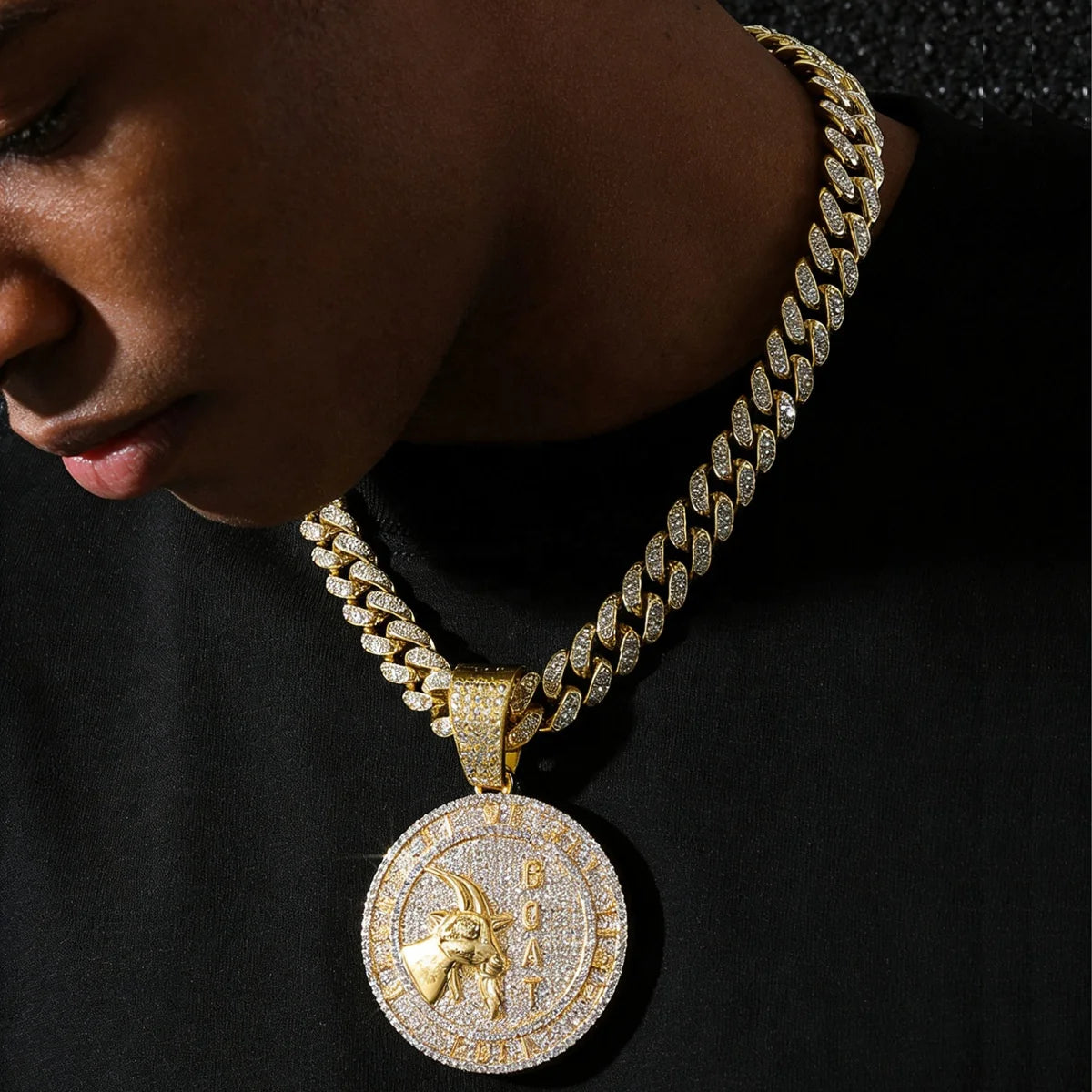 Iced Out GOAT Letter Round Head Pendant Necklaces Crystal Cuban Chain Hip Hop Bling Jewelry Greatest of All Time Charm Medallion MegaBDM