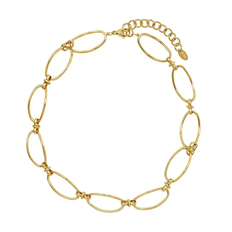 French Style Retro Stainless Steel 18k Gold Geometric Splicing Chain Necklace Bracelet Earrings Jewelry Set Wholesale Spot