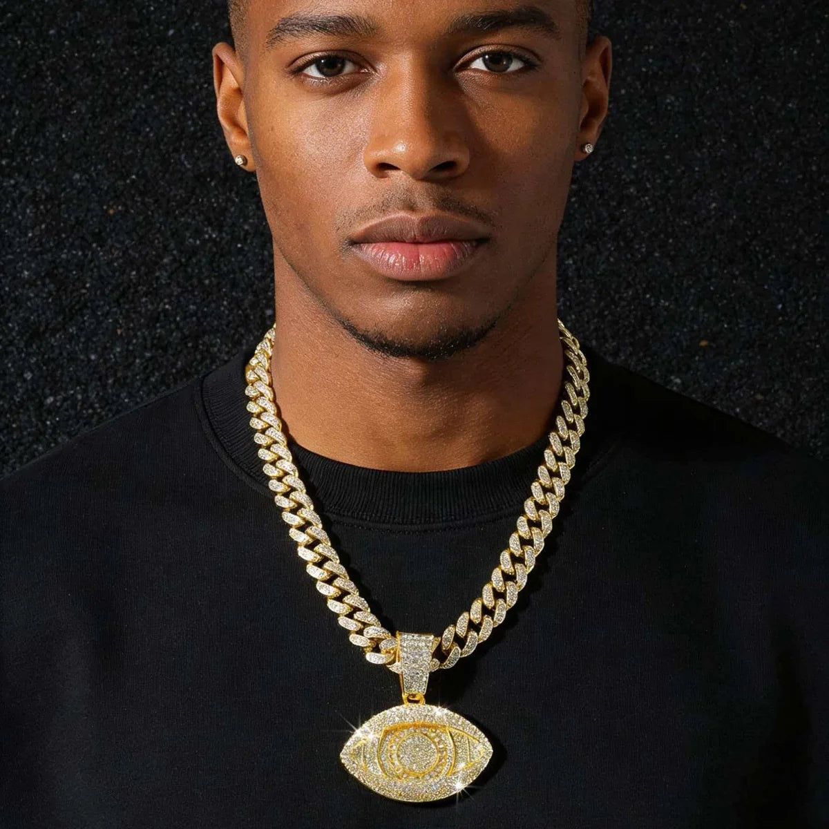 Iced Out Big Eye Pendant Necklaces Gold Plated Rhinestone Cuban Link Chain HipHop Bling Eye Charm Statement Streetwear Accessory MegaBDM