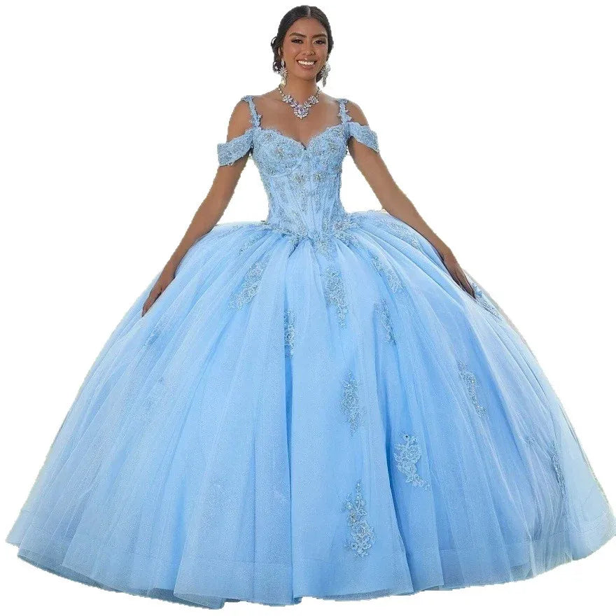 Luxury Sky Blue Quinceanera Ball Gown Cold Shoulder Lace Applique Beaded Corset Princess Prom Evening Dress MegaBDM