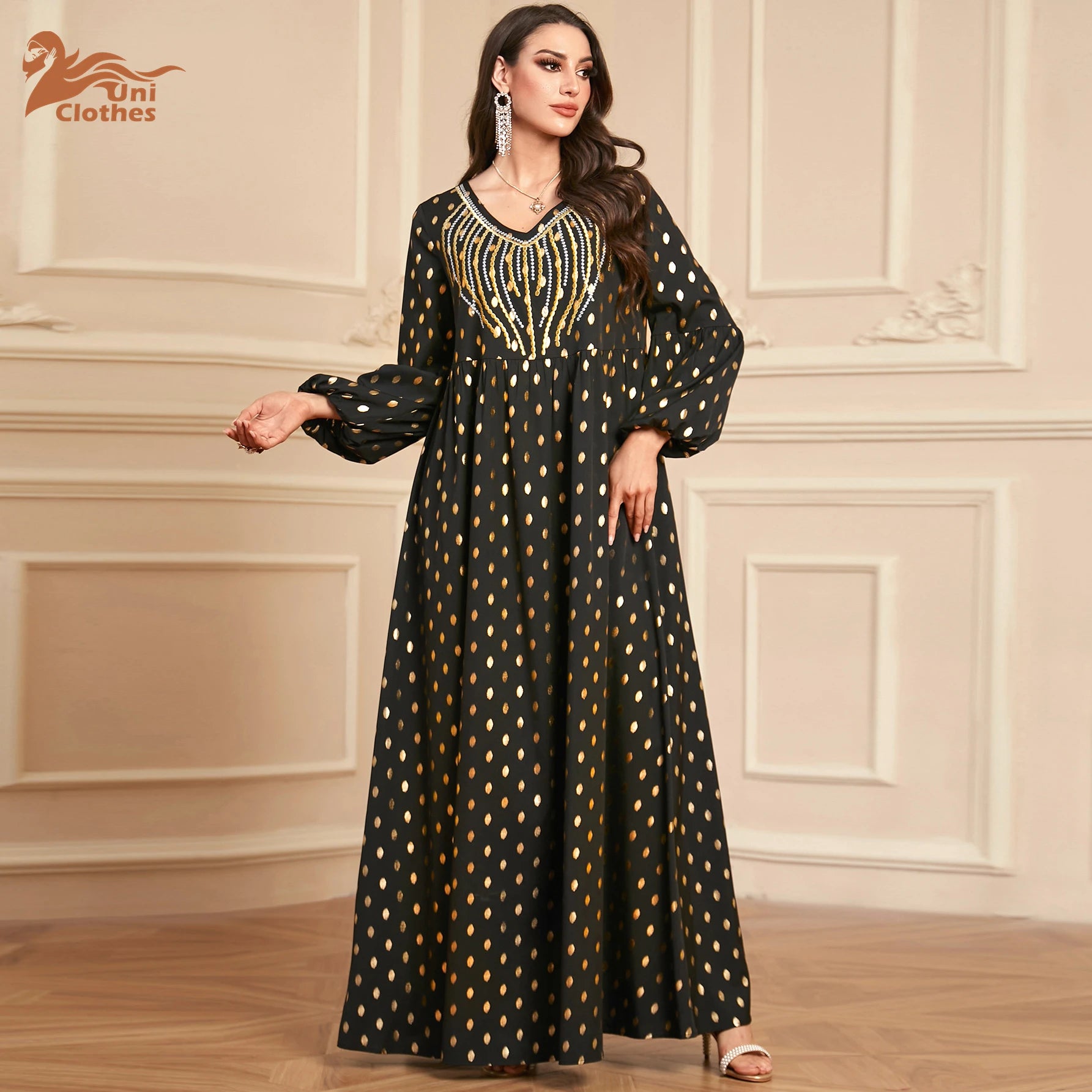 XL-4XL Women Elegant Muslim Long Dress Party Evening Charm Embroidery Maxi Robe V-neck Long Sleeve Dress Islamic Clothing