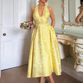 Luxury Yellow Womens a Line Evening Dress V Neck Satin Jacquard Prom Dress Sleeveless Formal Party Gown Custom Made MegaBDM