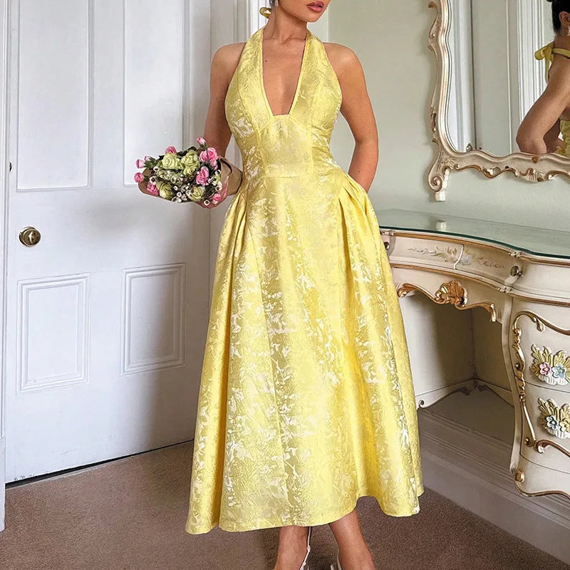 Luxury Yellow Womens a Line Evening Dress V Neck Satin Jacquard Prom Dress Sleeveless Formal Party Gown Custom Made MegaBDM