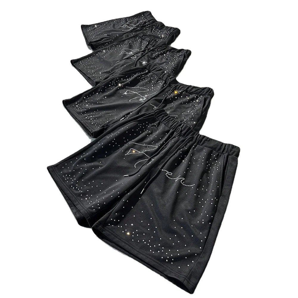 Custom Black Solid Rhinestone Men's Breathable Summer Streetwear High Street Hip Hop Mesh Elastic Waist Sparkle Gym Shorts