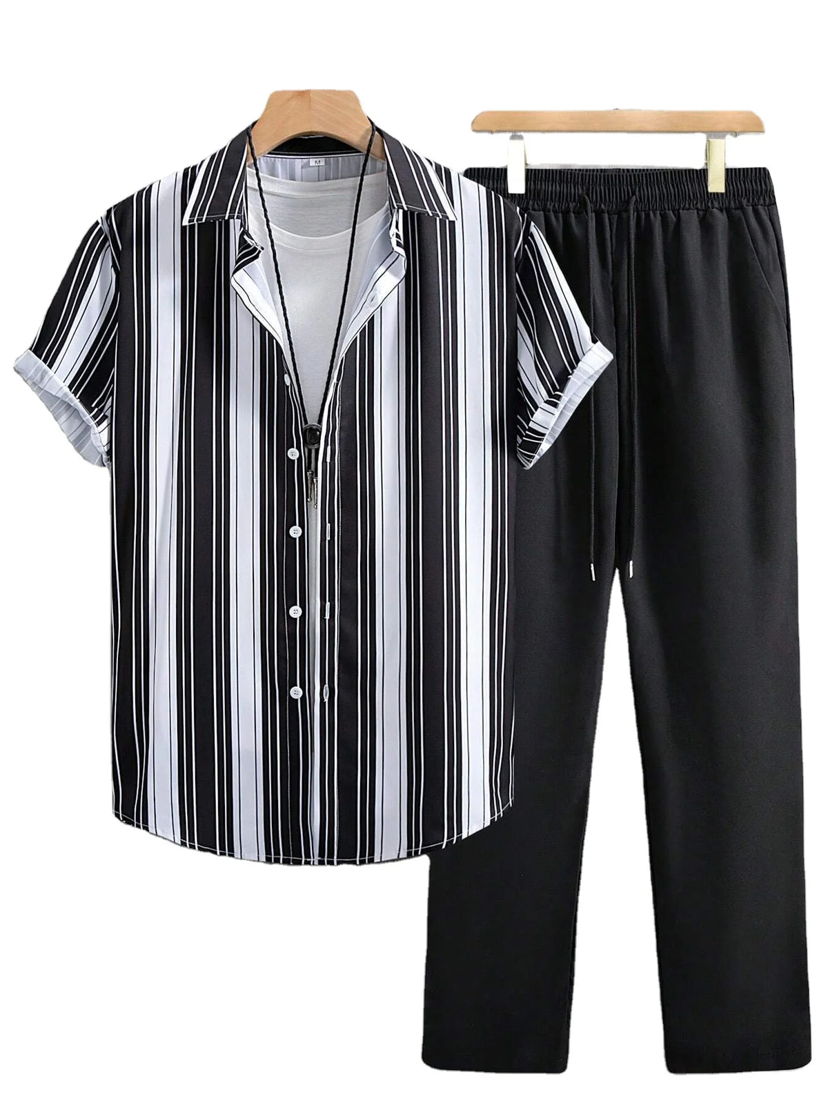 OEM Customized Design logo Casual Fashion Men's Plus Size Striped Short-Sleeve Shirt and Trousers Set MegaBDM