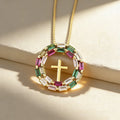 QIKU Elegant Gold Multi Gemstone CZ Colorful Religious Christian Cross Luxury Pendant Necklace Wholesale Jewelry for Women Daily