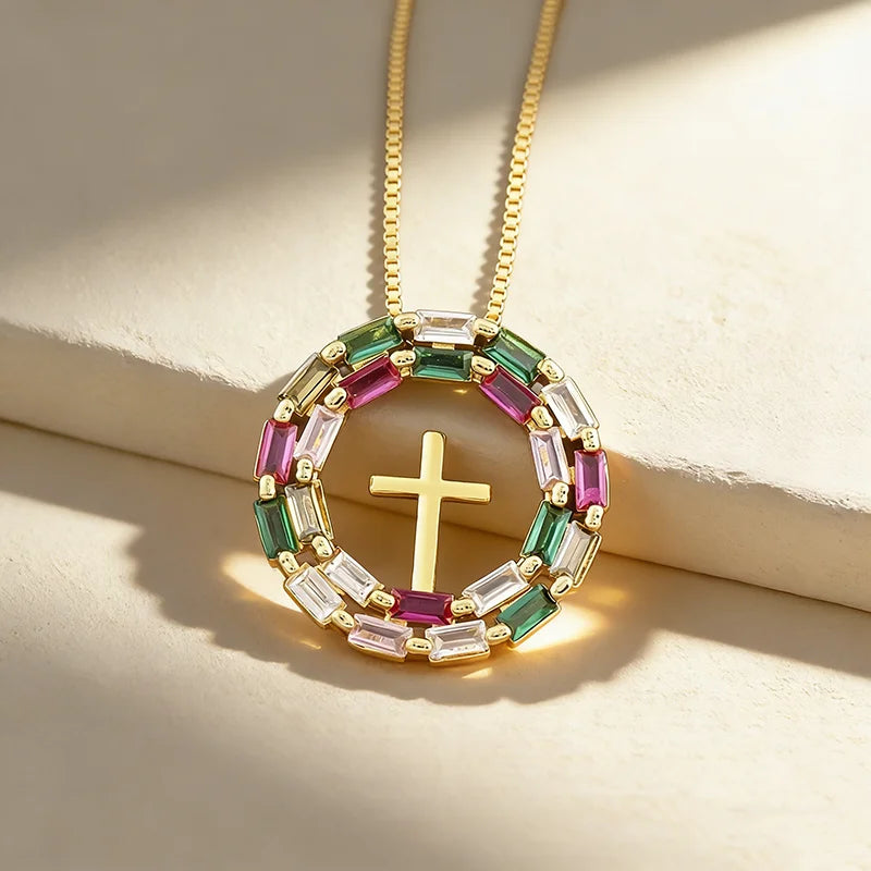 QIKU Elegant Gold Multi Gemstone CZ Colorful Religious Christian Cross Luxury Pendant Necklace Wholesale Jewelry for Women Daily
