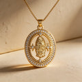 QIKU Religious Oval Design Crystal Virgin Mary Pendant Necklace Gold Color Copper Zircon Fashion Link Chain Choker Wholesale