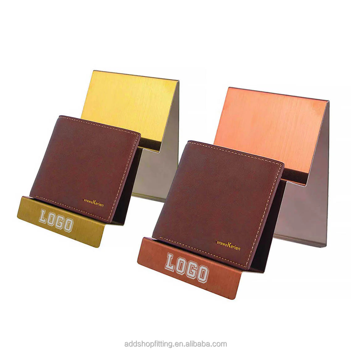 Durable Stainless Steel Custom Logo Brushed Rose Gold Display Holder Purse Wallet Holder for Retail