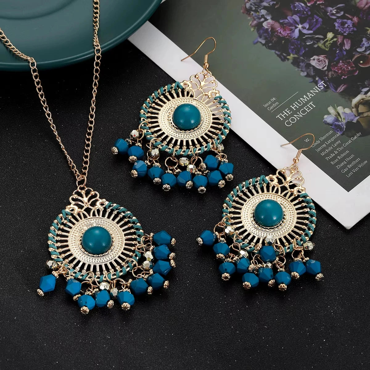 Boho Fashion Vintage Zinc Alloy Beads Tassel Earrings Set Women Handmade Gold Color Rope Wrap Necklace Wedding Engagement Party MegaBDM