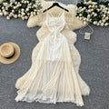 2025 Summer Roman Slit Tunic Casual Midi Dress For Women Empire Patchwork Mesh Dress
