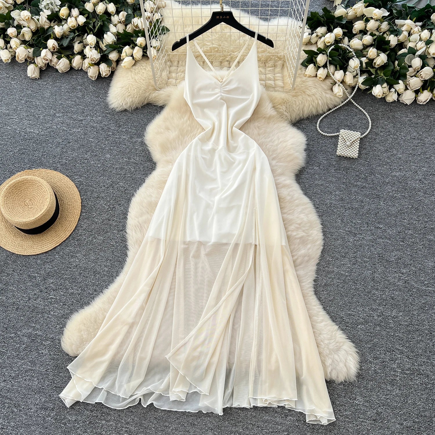 2025 Summer Roman Slit Tunic Casual Midi Dress For Women Empire Patchwork Mesh Dress