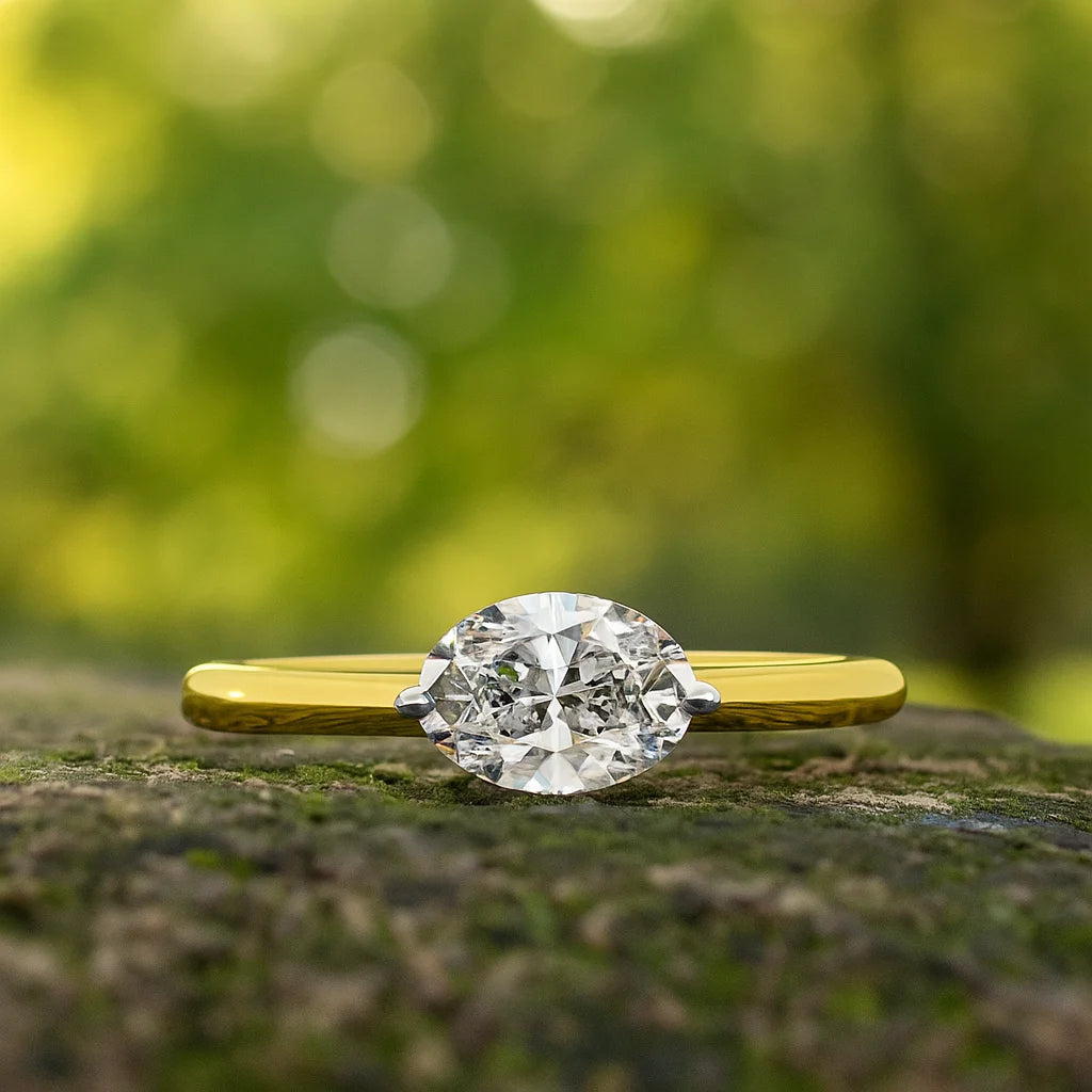 SHREERAJ SOLITAIRE 1.00 Carat Eastwest Oval Brilliant Cut Moissanite Engagement Ring Set 10k Gold Bar Setting Religious IGI