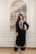 Women Black Rayon Kurti With White Embroidery Ankle-Length Traditional Ethnic Wear For Casual Occasions India Pakistan Style MegaBDM