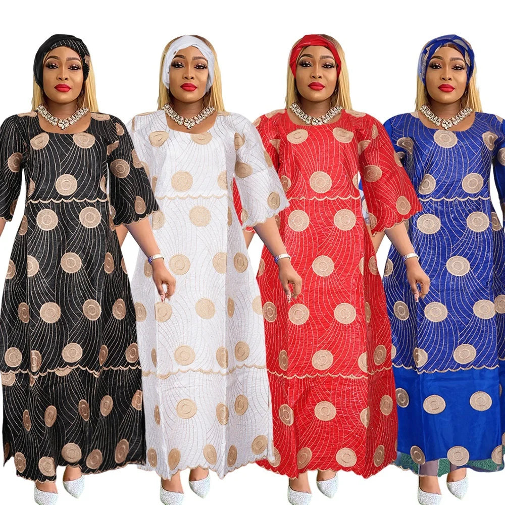 Luxury New Fashion Elegant Embroidery Boubou White Dress Set With Matching Scarf Long Maxi Robe for Women K0684