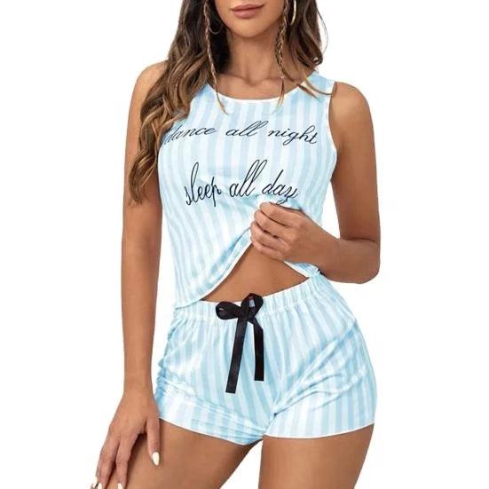 Women's High Quality Knitted Jersey Cotton Pajamas Custom Pattern Letter Printed Short Sleeve Summer Sleepwear Front Spring