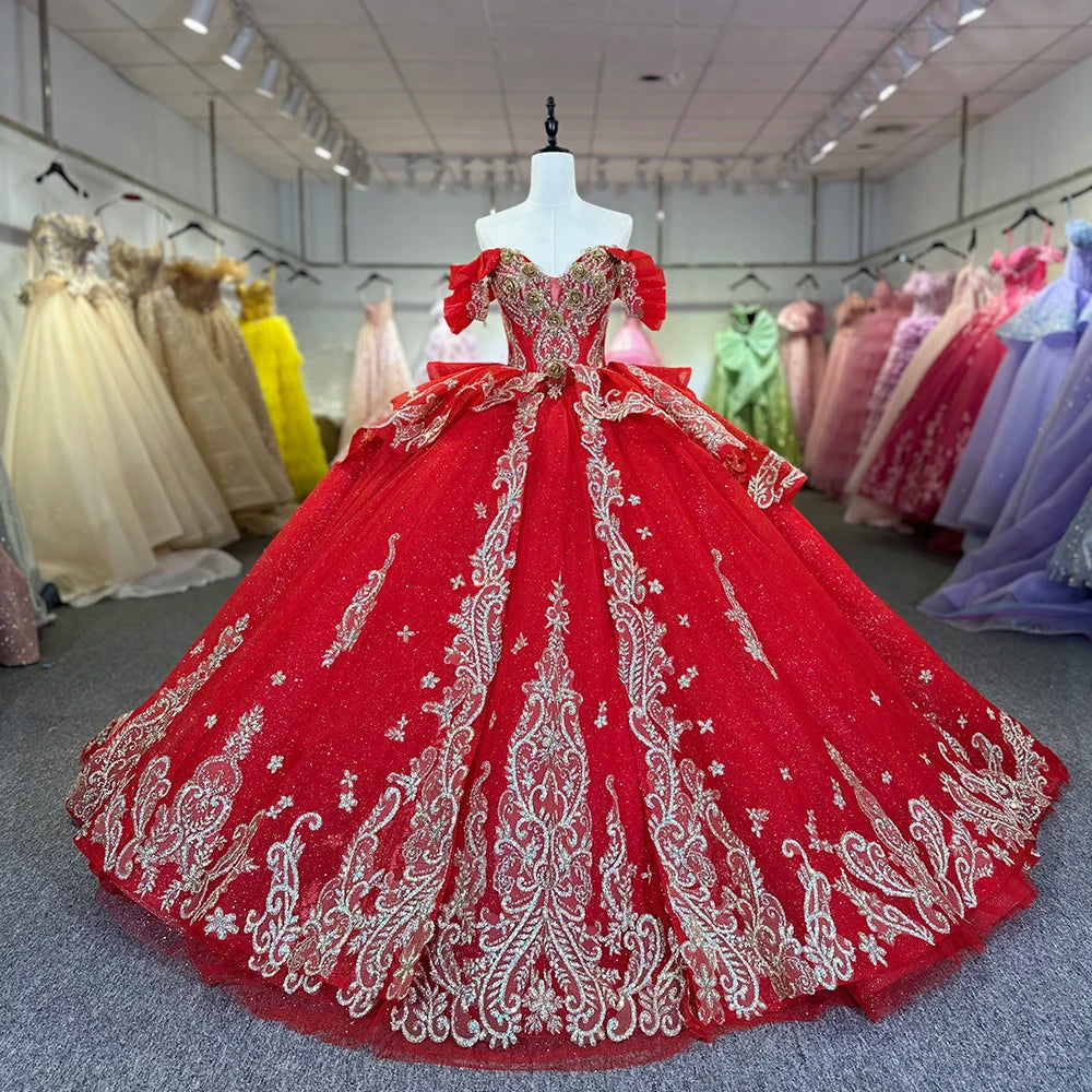 Jancember 1261 Traditional Red Glitter Lace Embroidery Quinceanera Dresses for Women