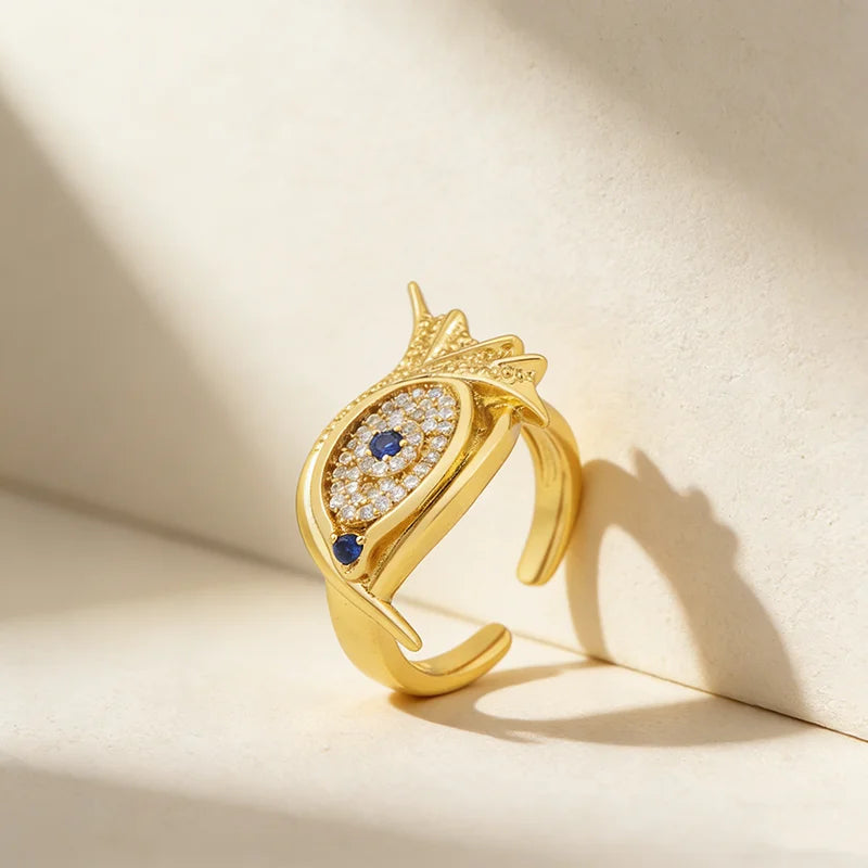 QIKU Creative Design Eye Evil Shape Trendy Women's Ring Open Adjustable 18K Gold Plated Copper Zircon Versatile Unisex Unusual