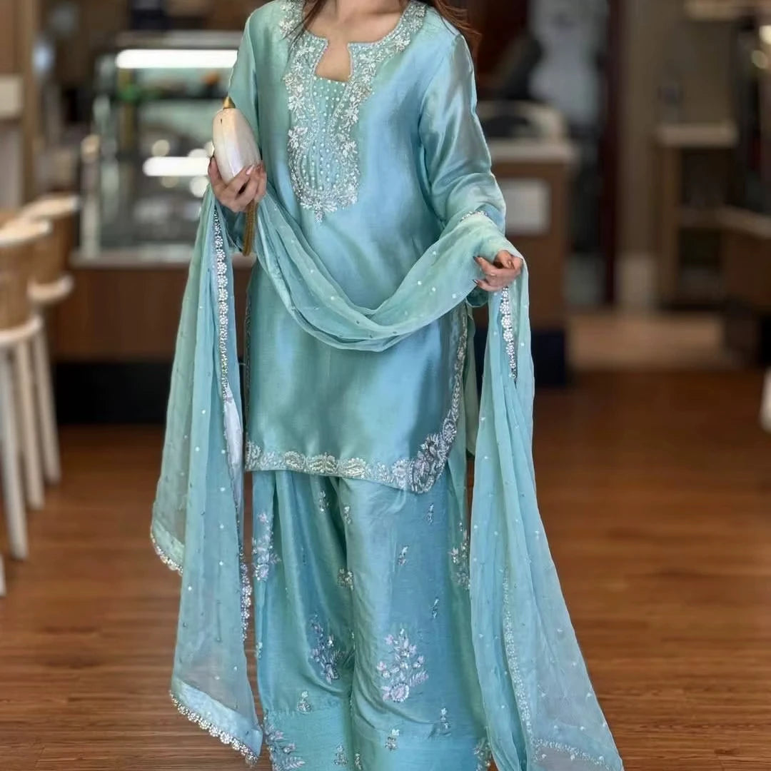 TENNECY Pure Glass Silk Embroidery 3mm Sequence Work Wrinkle-Free Skin-Friendly Daily Wear Party Style Diwali Salwar Suit Farshi MegaBDM