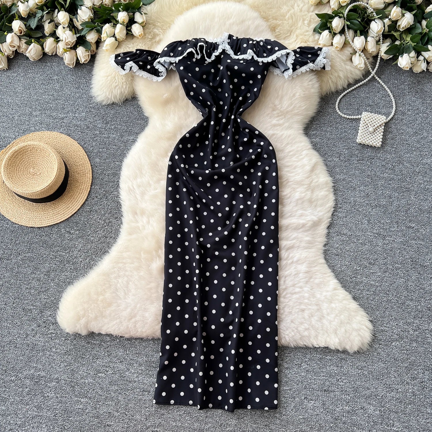 Summer Roman Tunic Slim Casual Midi Dress For Women Empire Patchwork Polka Dot Lace Dress