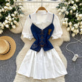 Summer Korean Slim Shirt Midi Dress For Women Puff Sleeve Empire Denim Dress