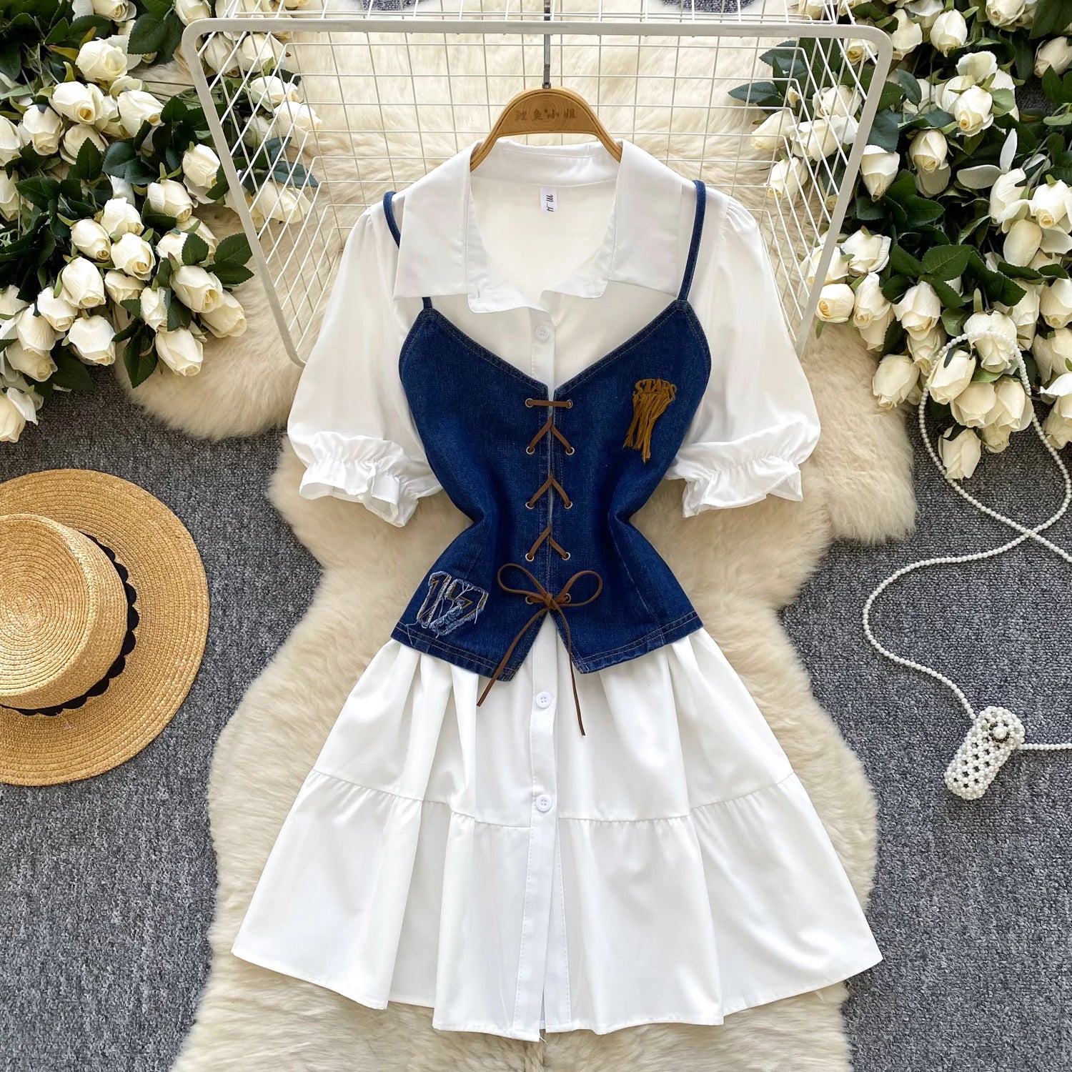 Summer Korean Slim Shirt Midi Dress For Women Puff Sleeve Empire Denim Dress