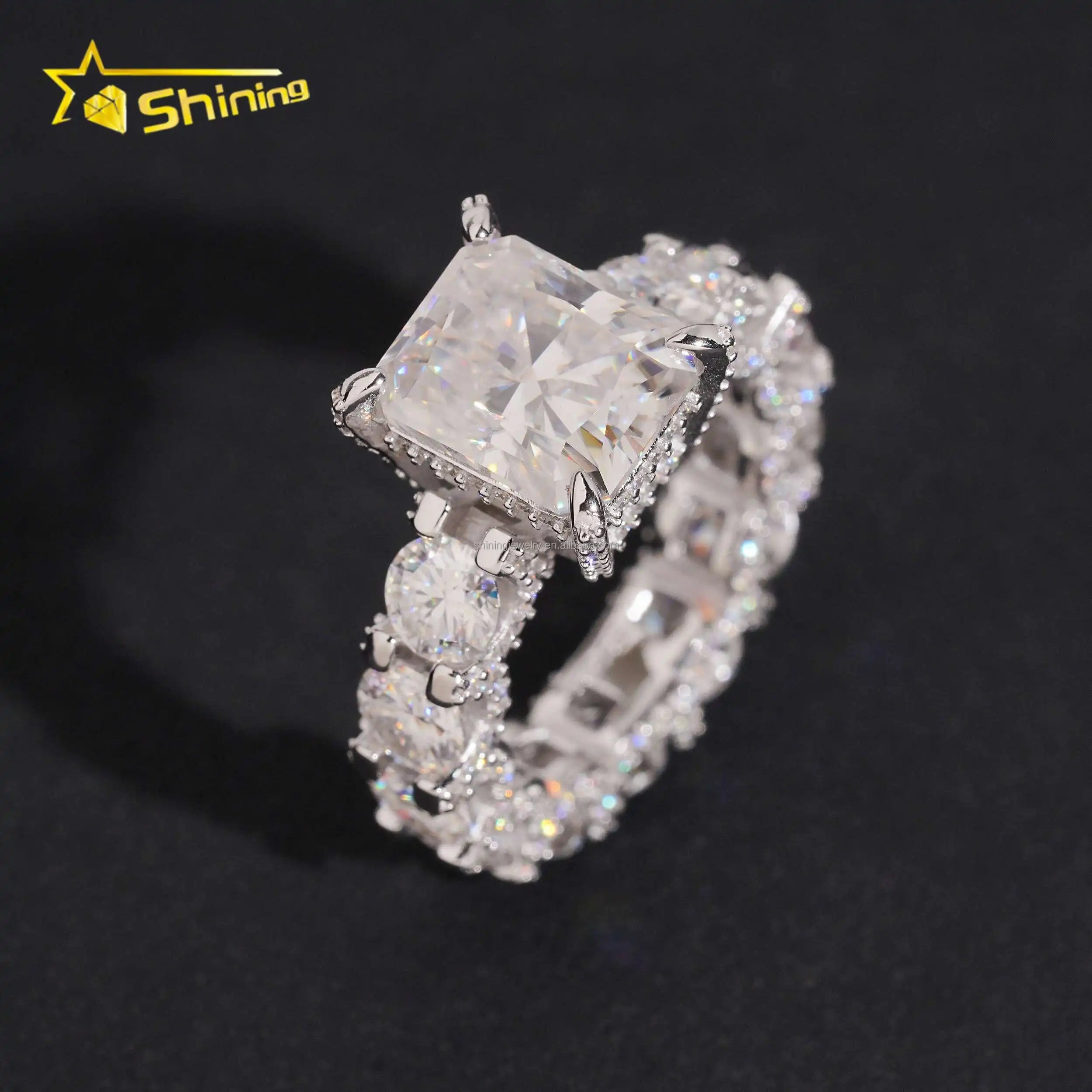 Luxury Wedding Bride Boutique Fashion 925 Sterling Silver Pass Diamond Tester 5Ct Radiant Moissanite Engagement Eternity Ring