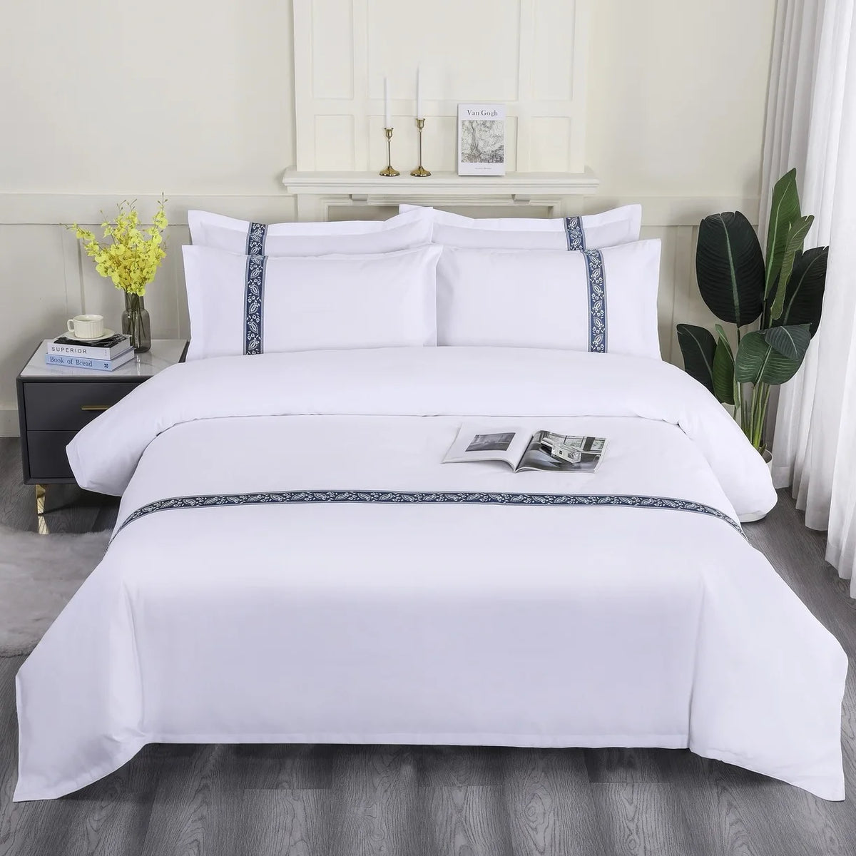 Wholesale White Polyester Fiber Home Textile Bedsheets Satin Stripe Duvet Cover Pillowcase 4-Piece Five Star Hotel Bedding Set MegaBDM