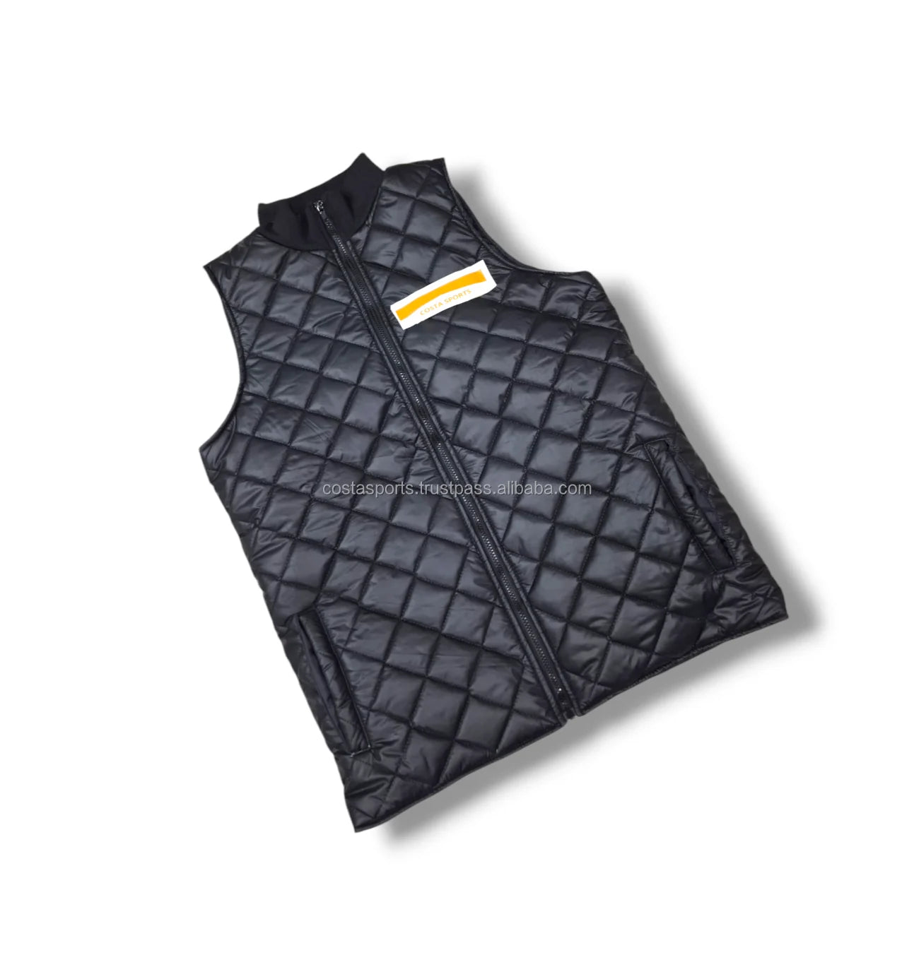 Men's Comfortable Black Quilted Vest Jacket Breathable Rib Collar Wind Breaker for Winter Season with Pockets