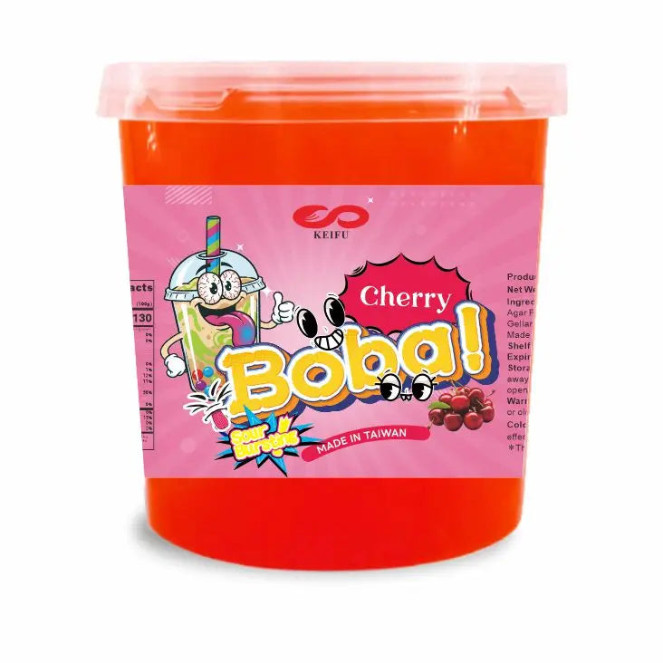 KEI FU Cherry Popping Boba 0.5kg Intense Sour Flavor Red Pearls Bottle Ready Eat Iced Fruit Tea 12 Months Shelf Life HALAL/HACCP