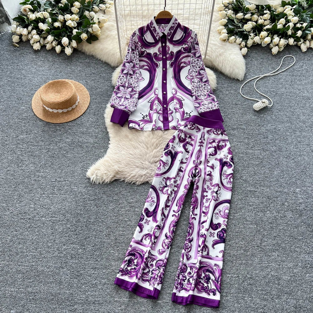 Women's Vintage Loose Sets Top And High Waist Printed Set Jogging Suits Wholesale