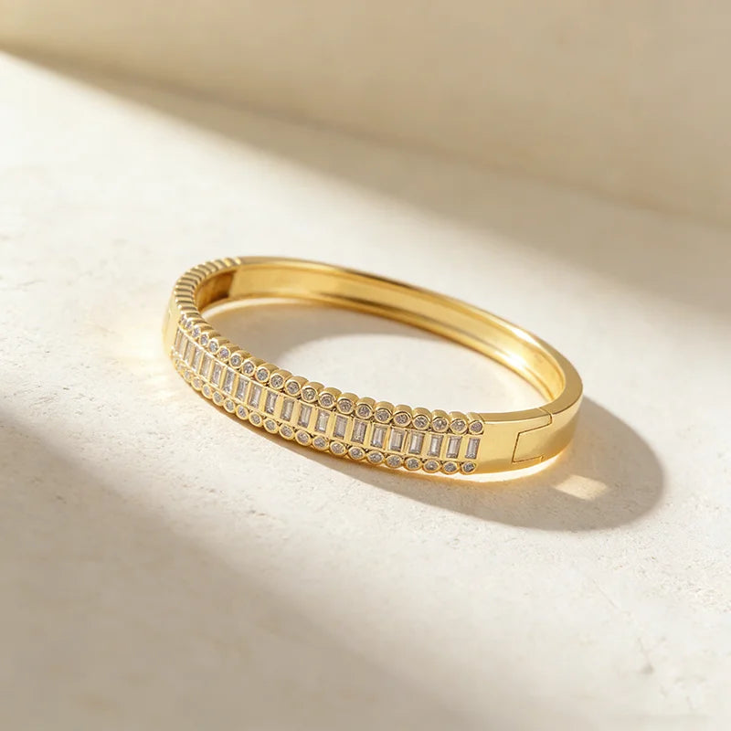 QIKU Luxury Rectangle and Round Rhinestone Bracelets Copper Zircon Gold Plated Charm Bangles Jewelry Gift Wholesale Dropshipping