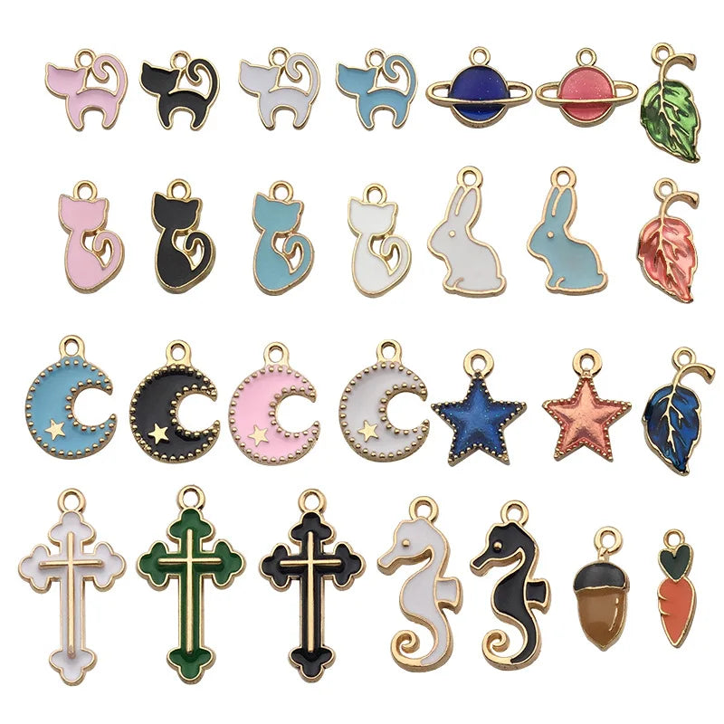 Assorted Enamel Charm Mix Gold Tone Zinc Alloy Cat Moon Star Cross Whale Tail Pendant for Bracelet Making MegaBDM