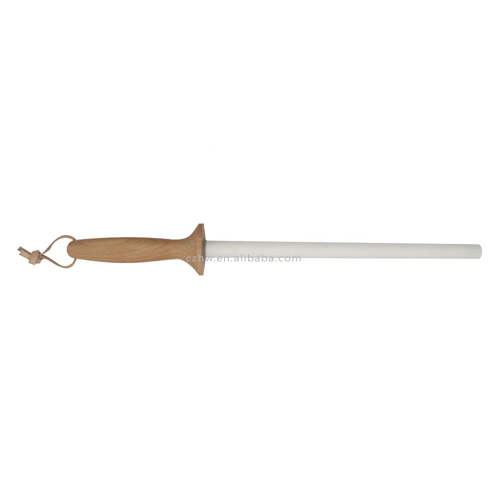 RTS 11Inch Shatterproof White Ceramic Honing Rod Beech Wood Handle Stainless Steel Hanging Ring Fine Grit 800-1500 Mohs 9