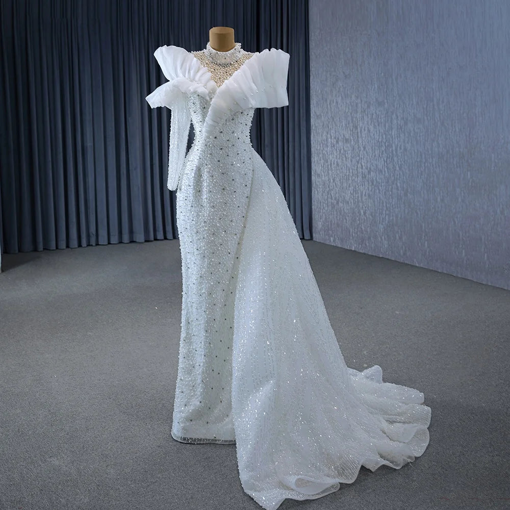 Jancember 231032 Luxury High Neck Pearls Asymmetric One Shoulder Mermaid Wedding Dresses