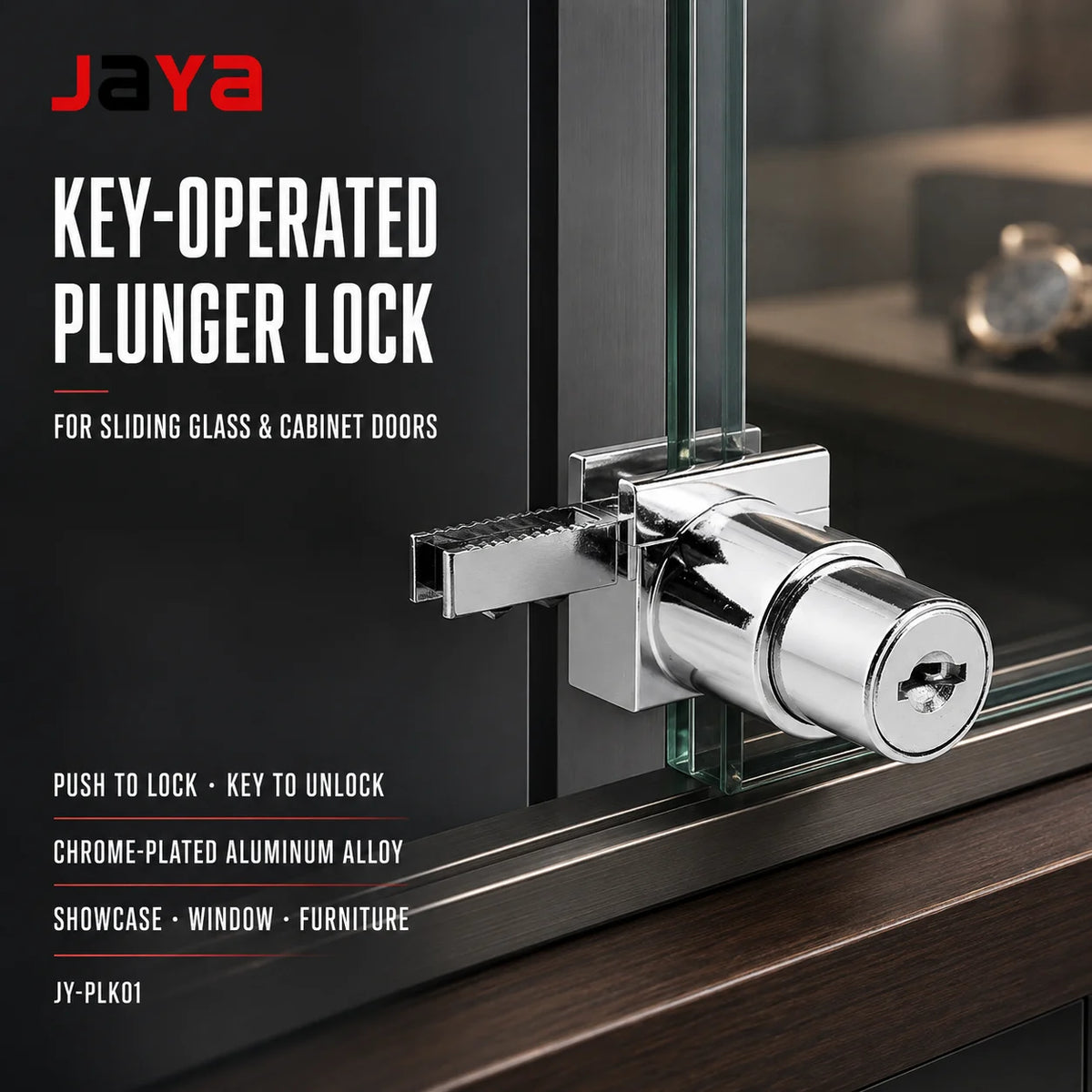 JAYA Chrome Plated Aluminum Alloy Plunger Lock for Sliding Glass Showcase Cabinet Window and Furniture Doors