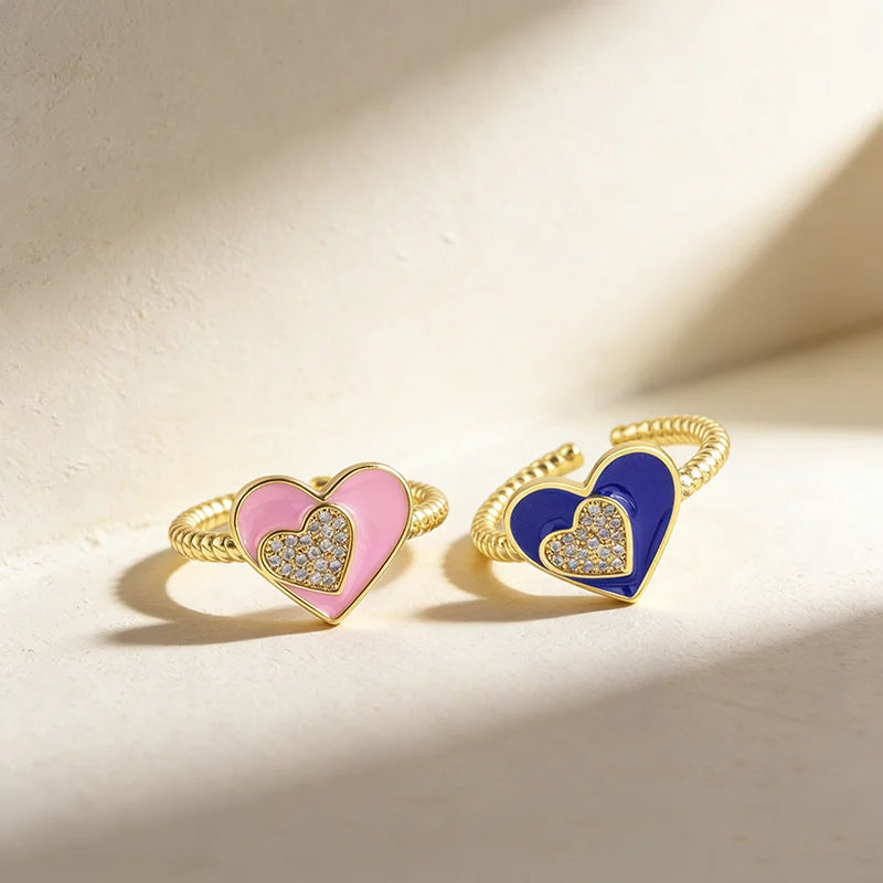 QIKU Trendy Heart Shape 5 Colors Oil Droplet Opening Adjustable Rings 18K Gold Plated Copper Zircon Women Jewelry Birthday Gift