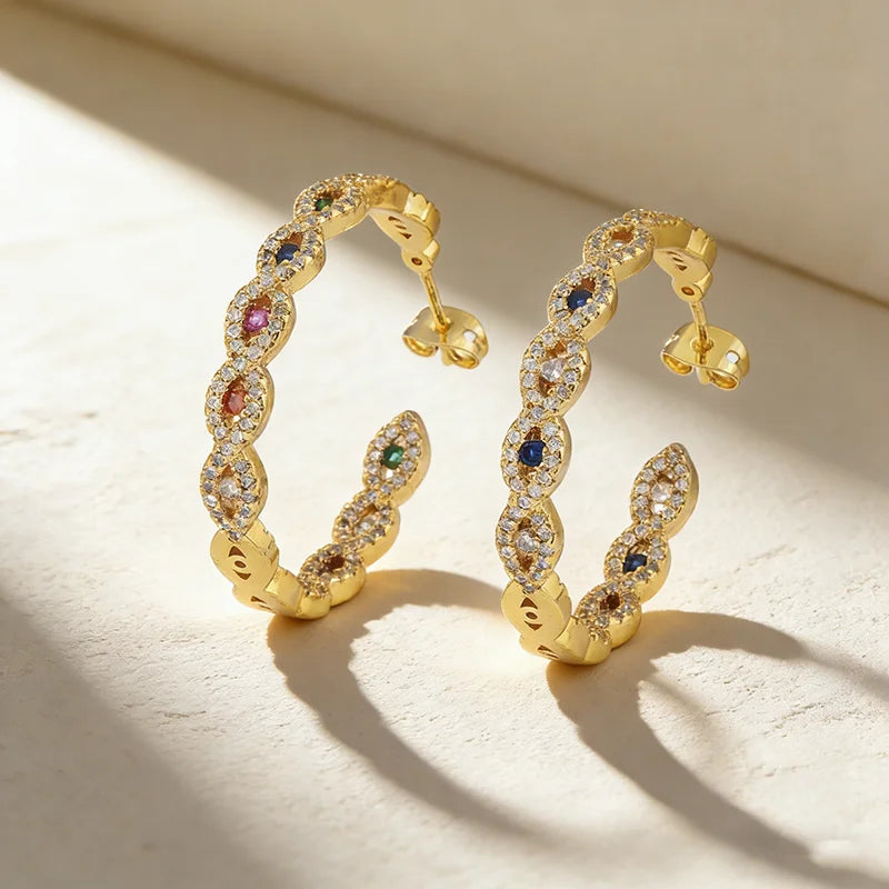 QIKU Stylish Bohemia Rainbow Crystal Earrings Gold Plated Copper Zircon Hoop Earrings Women Engagement Wedding Jewelry Wholesale