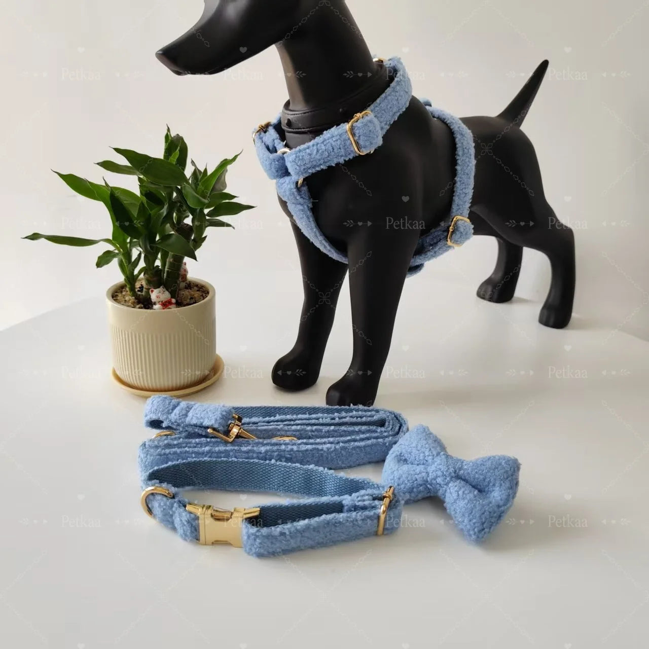 2025 Luxury Teddy Velvet Blue Pet Harness Set Durable Adjustable Dog Collar and Leash Comfortable Soft Puppy in Stock