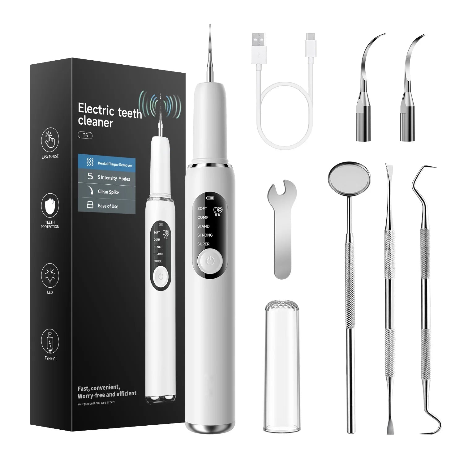 Electric Dental Cleaner with Metal Dental Mirror & Charging Cable, 5 Modes, Gum Protection (No Gum Pain) Home Teeth Tool