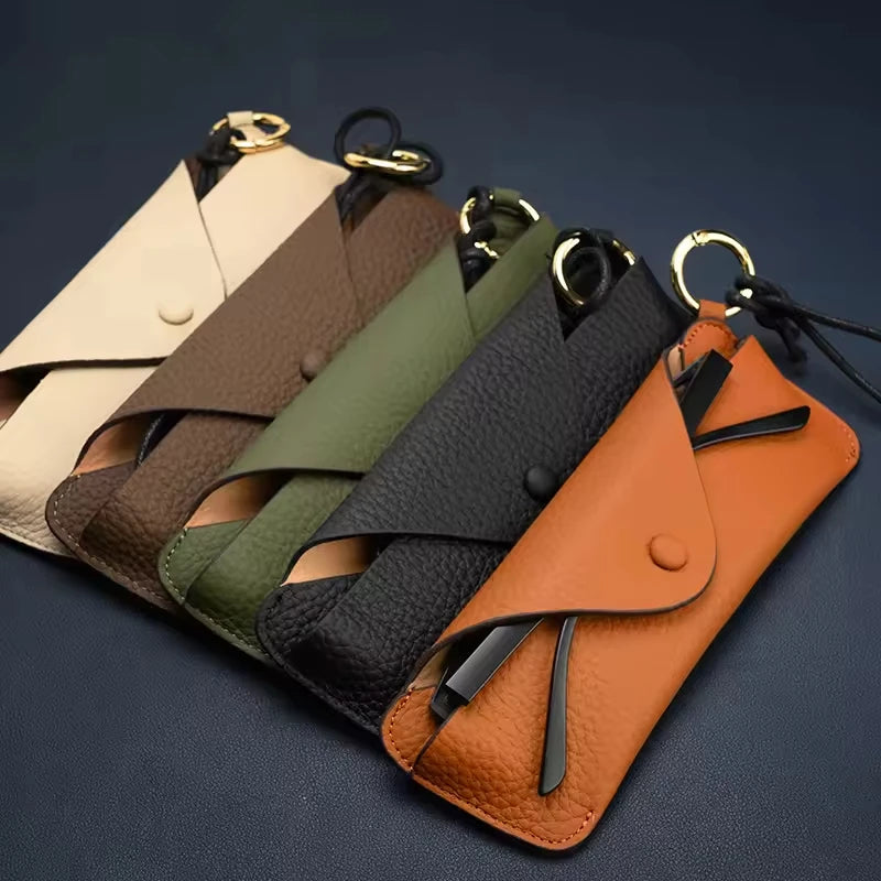 Soft Genuine Leather Eyeglasses Bag Fashionable Rectangle Sunglasses Pouch Portable Hanging Neck Glasses Holster for Men Women
