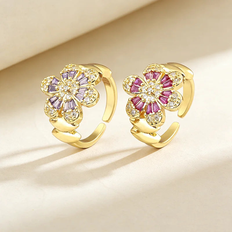 QIKU Fashion Colorful Crystal Flower Adjustable  Rings Gold Plated Handmade Luxury Wedding Banquet Finger Jewelry Gift Wholesale