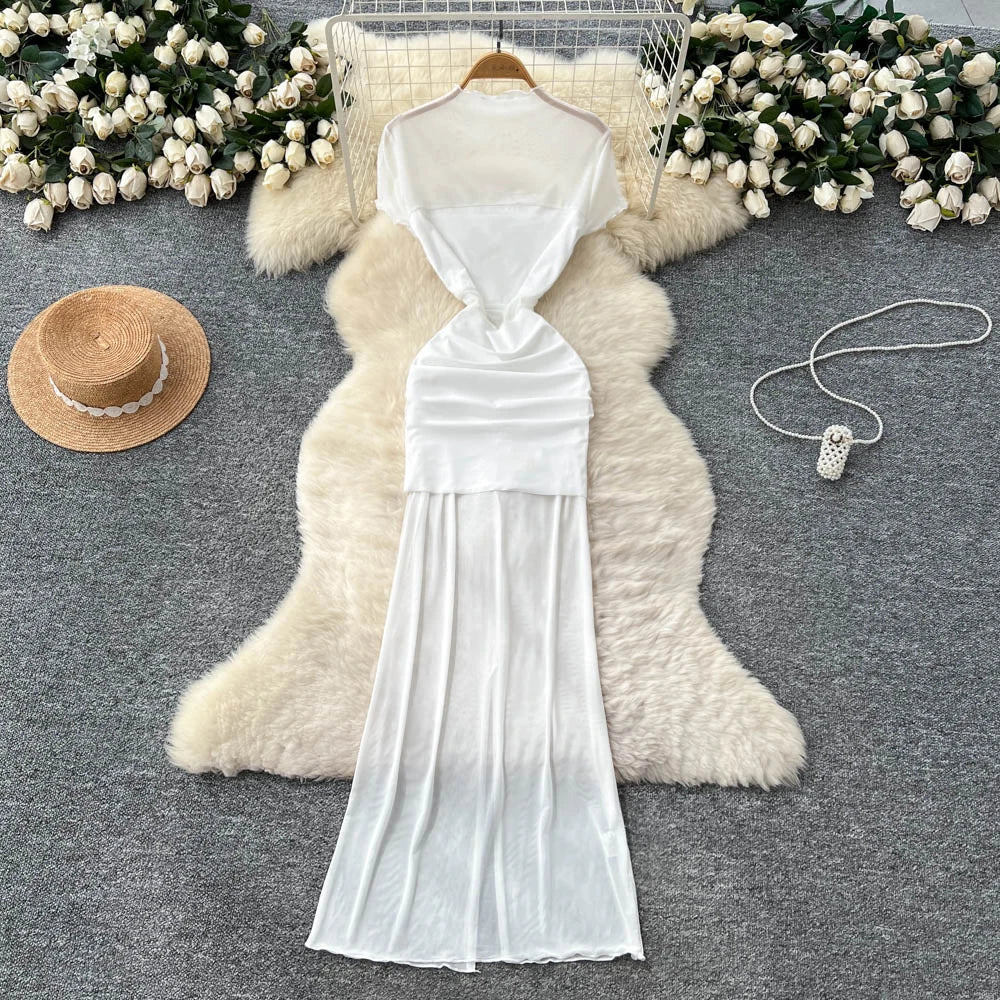2025 Summer Y2K Tunic Slim Casual Maxi Dress for Women Empire Patchwork Mesh Dress